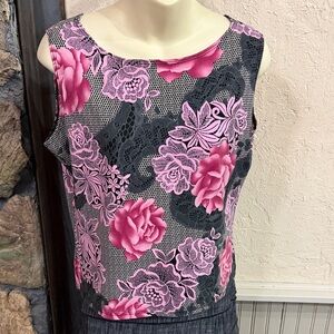 Floral Printed Lace Tank Top - Pink and Gray